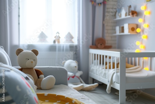 A baby room with a crib , chair , and teddy bear photo