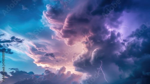 A cumulus cloud looms in the sky, releasing an electric blue lightning bolt, adding drama to the natural landscape.