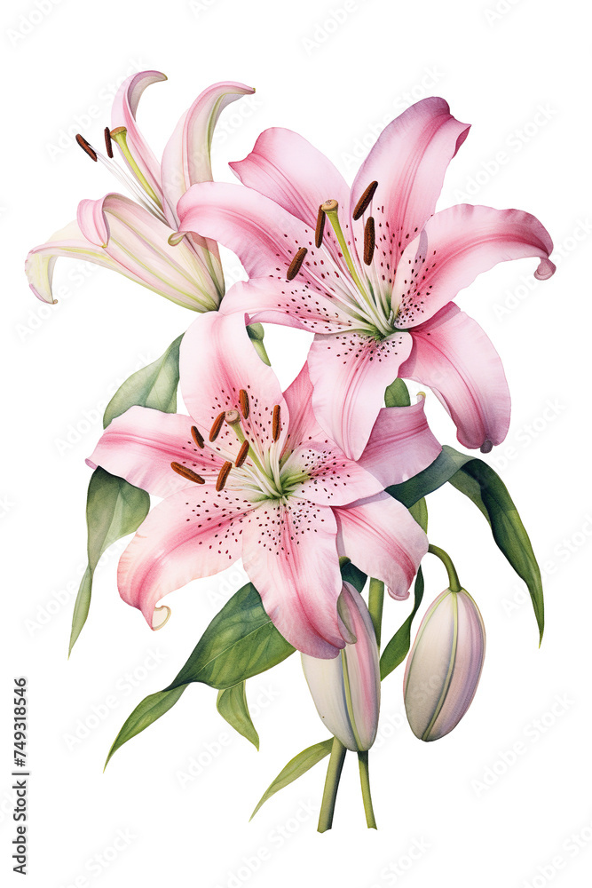 Pink Lily Flower in Watercolor Illustration