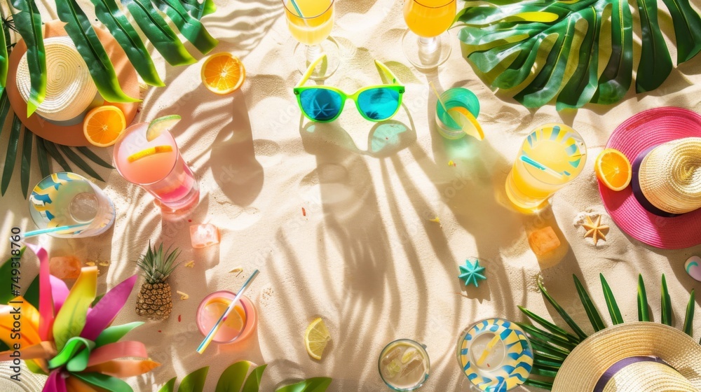 Summer Solstice Vibes. A Beachy Flat Lay with Sunglasses, Sunhat, and Tropical Drinks Surrounded by Lush Greenery. A Festive Border. Background Copy Space for text.