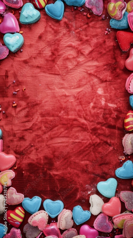 A rich red velvet backdrop is adorned with a frame of candy hearts in hues of passion, creating a romantic border for Valentine's messages or showcasing heartfelt treasures. Copy Space.