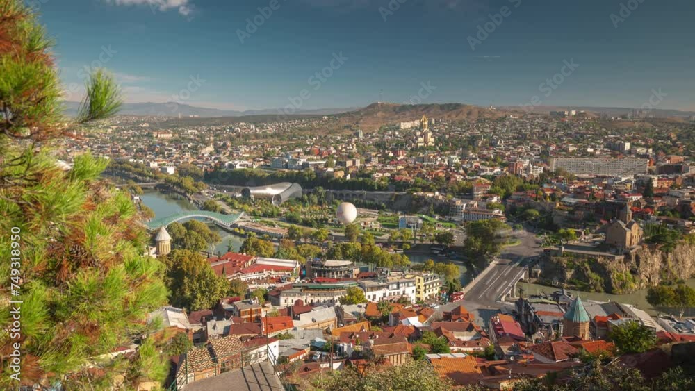 sunny day Tbilisi city central district riverside traffic streets old town top view panorama 4k timelapse georgia sunny day Tbilisi city central district riverside traffic streets old town top view panorama 4k timelapse georgia