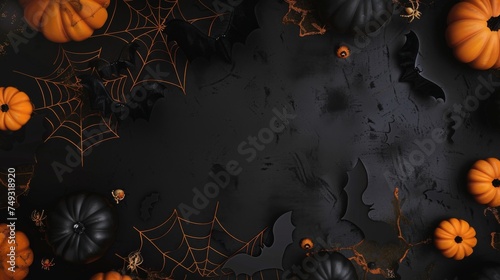 A haunting Halloween scene unfolds on a dark surface, framed by sinister pumpkins, bats, and intricate cobwebs, creating an eerie yet perfect space for showcasing seasonal products or messages.