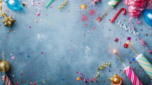 A vibrant birthday party frame crafted from balloons and gifts, invitingly arranged on a clean background with copy space, perfectly encapsulating the joy and festivity of a special celebration.