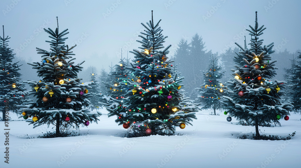 Fototapeta premium Festive Christmas Trees in Snowy Landscape