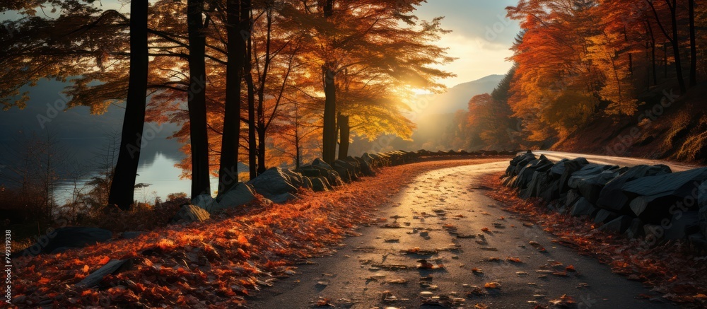 Road in beautiful autumn forest mountains at sunset - obrazy, fototapety, plakaty 