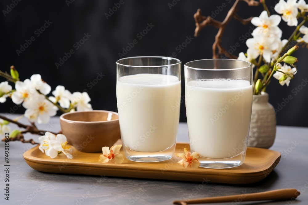 Two glasses of nut milk next to white flower, vegan diet, healthy eating concept. Two glasses of nut milk next to white flower, vegan diet, healthy eating concept.