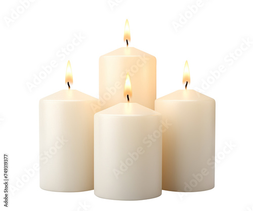 White pillar candles with flames illuminated, cut out