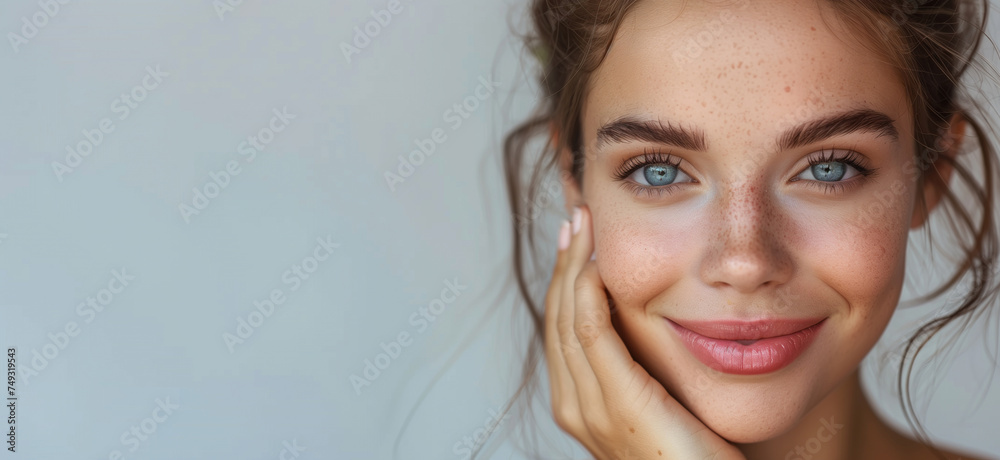 Natural beauty. Young woman with a glowing complexion and a natural makeup look, showcasing flawless skin and a gentle touch to her face	 - obrazy, fototapety, plakaty 