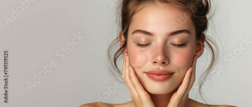 Natural beauty. Young woman with a glowing complexion and a natural makeup look, showcasing flawless skin and a gentle touch to her face	 photo
