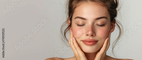 Natural beauty. Young woman with a glowing complexion and a natural makeup look, showcasing flawless skin and a gentle touch to her face	
