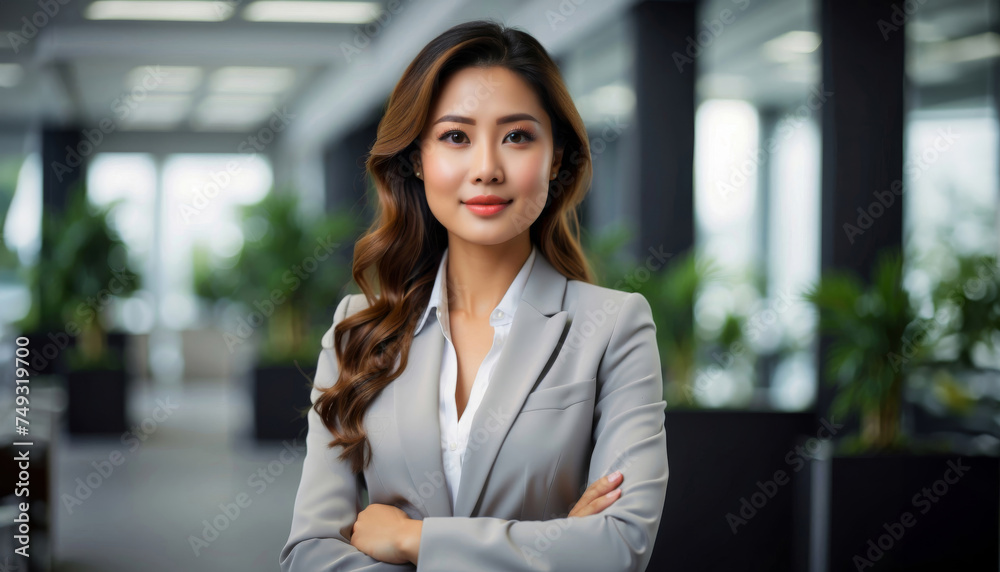 Portrait of successful Assian business woman inside office, standing with arms crossed Portrait of successful Assian business woman inside office, standing with arms crossed