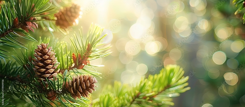 This close-up shot captures young pine cones nestled on a pine tree branch, set against a blurred background with beautiful bokeh. The intricacies of the cones are highlighted, showcasing natures