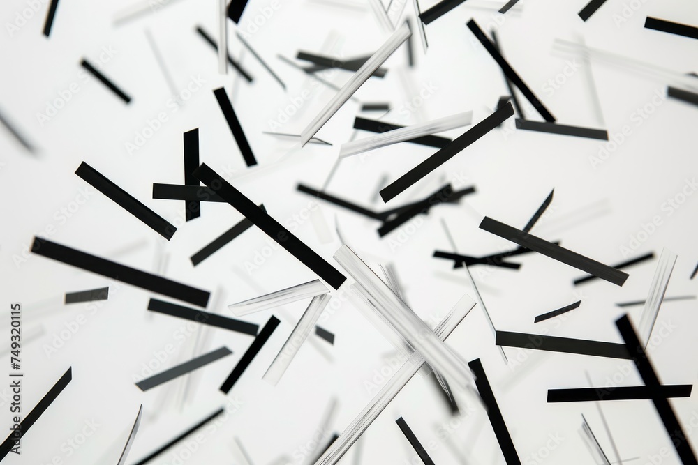  An abstract composition of thin black and white bars scattered in disarray, creating a visual metaphor for chaos and order on a stark background.
