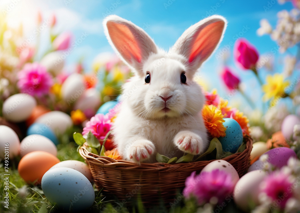 Easter theme with Easter bunny and eggs inside the basket in natural background Easter theme with Easter bunny and eggs inside the basket in natural background