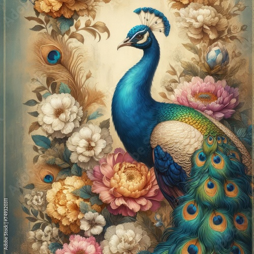 Peacock Amongst Floral Blooms Art Illustration