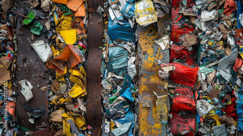 A colorful array of compacted recyclables tightly bundled, ready for the next step in the recycling process