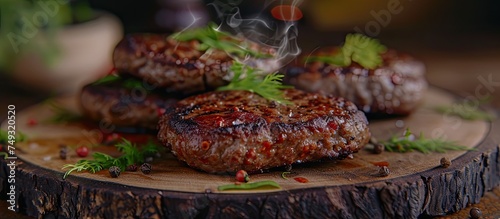 A close-up view of a cooked steak placed on a rustic wooden plate. The steak appears juicy and flavorful, with visible grill marks. The wooden plate adds a touch of charm to the presentation.