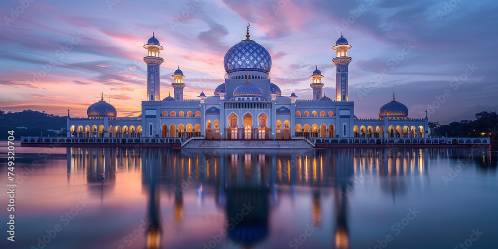 Ramadan Kareem. Eid Mubarak . Illuminated mosque with a perfect reflection on water during the blue hour.	
