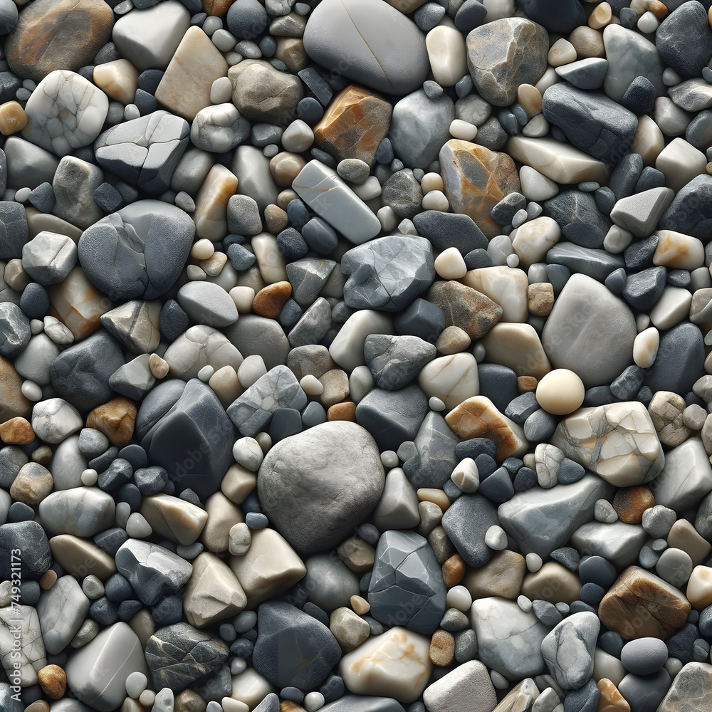 A high-resolution image of assorted gray and brown gravel stones covering the ground. The stones are of various shapes and sizes