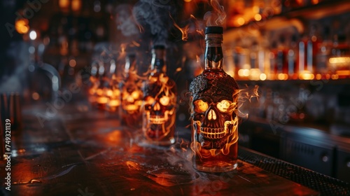 A bottle with a skull design is engulfed in flames, sitting atop a bar counter with a blurred background of shelves filled with various bottles. photo