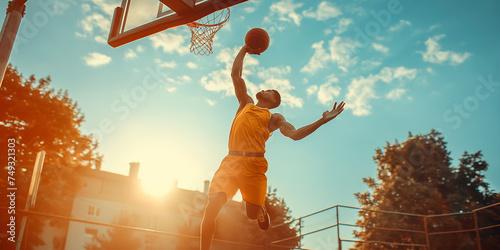 Slam Dunk - Basketball Player in Action. Basketball player in mid-air about to score a slam dunk on an outdoor court at sunset. photo