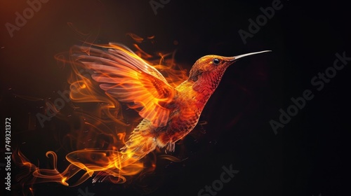 Cute wild animal hummingbird  isolated black background. Power of blazing fire flame. Generative ai.