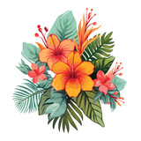 Tropical flowers palm leaves jungle leaf bird of par