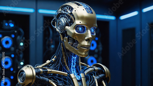 artificial intelligence scenery concept of a human android robot made of cogs and gears and wires in a server room, artificial intelligence, network, hardware, Digital threat, virus, cyber security