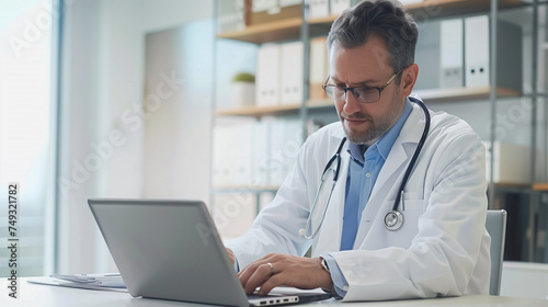 A doctor is consulting his patients remotely on a laptop, doctor working on laptop computer, digital consultation, online doctor consultation, photo