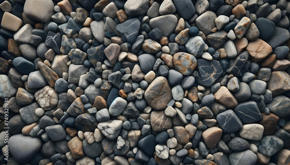 A high-resolution wide-angle image of assorted gray and brown gravel stones covering the ground, the stones are of various shapes and size A high-resolution wide-angle image of assorted gray and brown gravel stones covering the ground, the stones are of various shapes and size