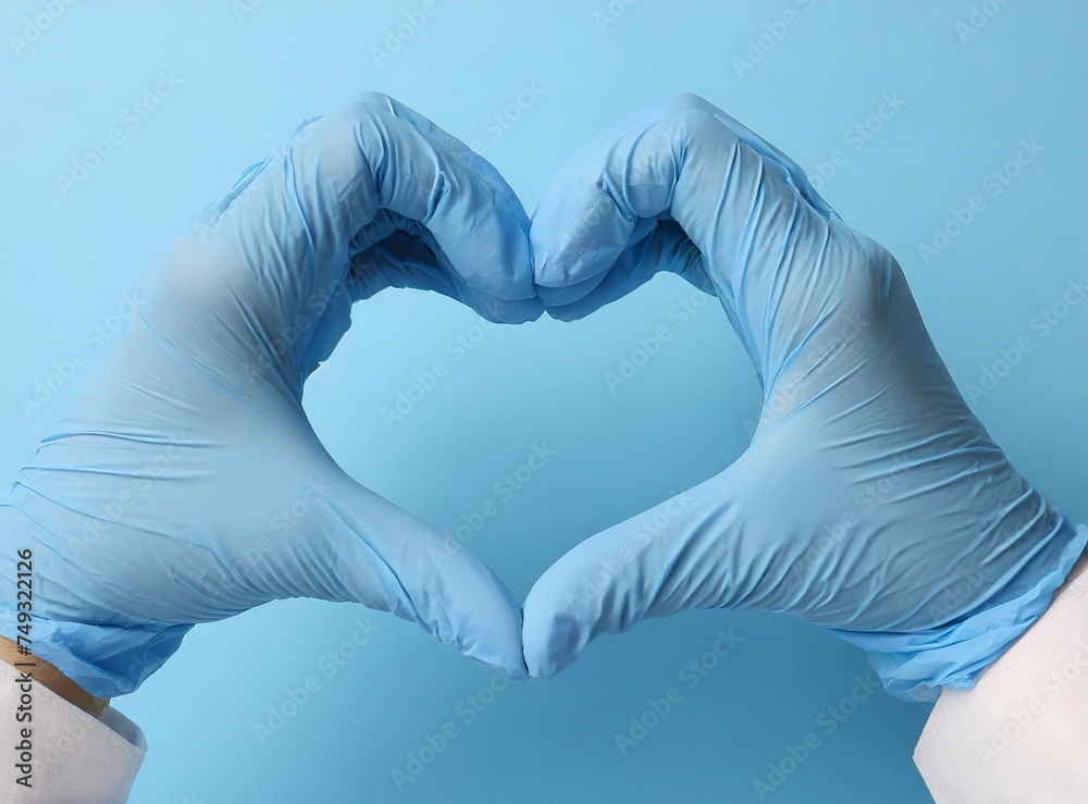 Obraz premium Hands in blue medical gloves isolated on blue background. Healthcare concept.