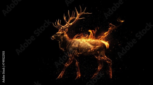 Cute wild animal deer, isolated black background. Power of blazing fire flame. Generative ai. © Dvid