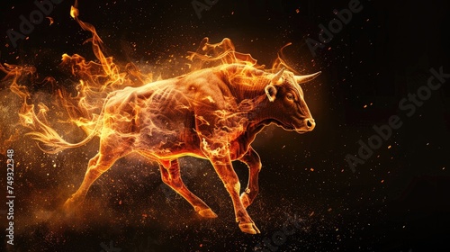 Cute wild animal bull, isolated black background. Power of blazing fire flame. Generative ai. © Dvid