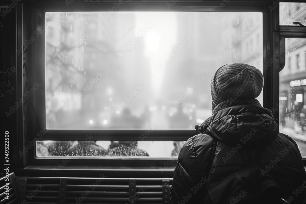 A person is seated on a bench, gazing out of a window A person is seated on a bench, gazing out of a window