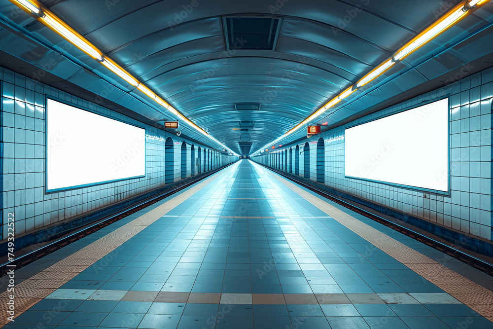 An empty subway station with blue tiles and bright lights illuminating the underground space, mockups
