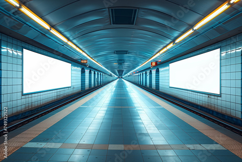 An empty subway station with blue tiles and bright lights illuminating the underground space  mockups