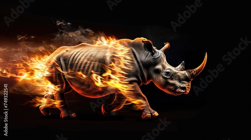 Cute wild animal rhino, isolated black background. Power of blazing fire flame. Generative ai. © Dvid