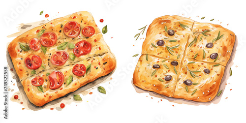 set of two focaccia bread clipart breakfast dish watercolor illustration on transparent background, tasty italian dish / snack with tomatoes and olives photo