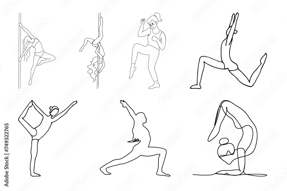 Set of hand-drawn fitness girls' collections and women's workout