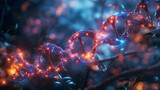 Mystical Glowing DNA Helix Amidst Ethereal Flora
