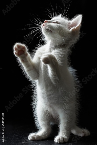 A cuttest white cat stands up with its paws extended outward, black background, generated with AI photo