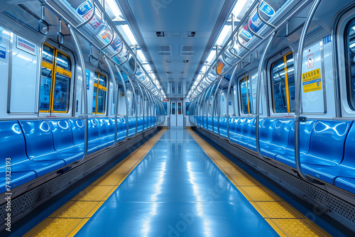 Inside a subway train, the floor is painted in alternating blue and yellow colors, adding a vibrant touch to the transportation space