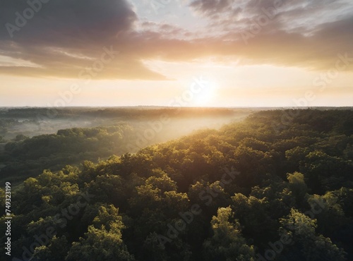 Sunrise over the woods. Aerial view. Travel Background with Copy Space on the Sky. © D'Arcangelo Stock