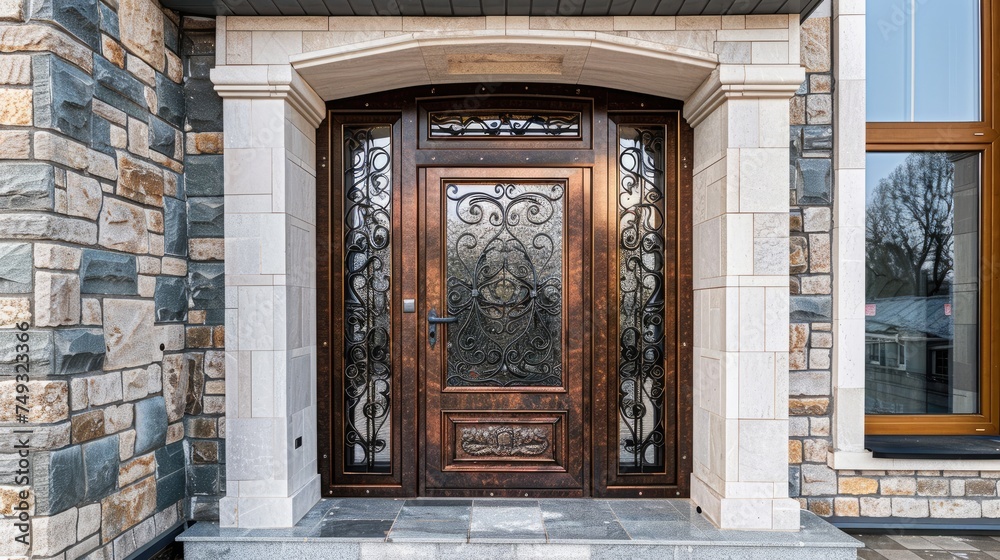 Premium entrance door with wood effect. Generative AI