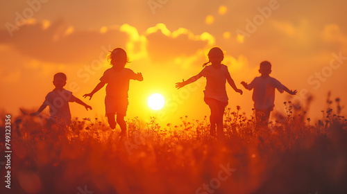 Silhouetted Children Playing at Sunset in a Field