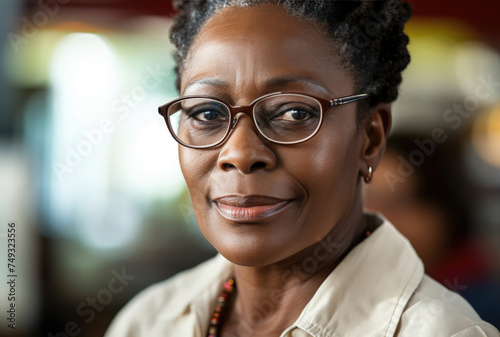 Warm, dignified mature black woman with glasses.