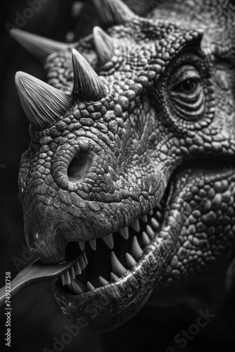Close up portrait of a triceratops brushing teeth  black and white deep contrast photo  dark chiaruscoro  generated with AI