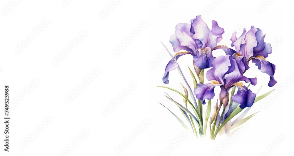 purple iris flowers watercolor illustration isolated on white with copy space left