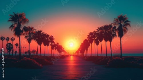 The sunset scene of palm trees and in sky, style graphic rock-inspired compositions, neo-geo minimalism, generated with AI
